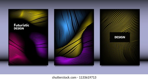 Geometry. Abstract Background Set With Movement and Volume Effect. Covers with Vibrant Gradient and Wavy Lines. Trendy Futuristic Illustration with Distort. Abstract Geometry for Brochure, Business.