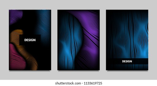 Geometry. Abstract Background Set With Movement and Volume Effect. Covers with Vibrant Gradient and Wavy Lines. Trendy Futuristic Illustration with Distort. Abstract Geometry for Brochure, Business.