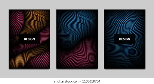 Geometry. Abstract Background Set With Movement and Volume Effect. Covers with Vibrant Gradient and Wavy Lines. Trendy Futuristic Illustration with Distort. Abstract Geometry for Brochure, Business.
