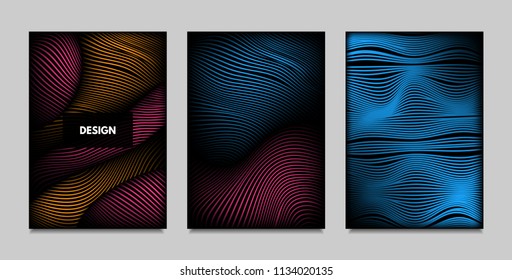 Geometry. Abstract Background Set With Movement and Volume Effect. Covers with Vibrant Gradient and Wavy Lines. Trendy Futuristic Illustration with Distort. Abstract Geometry for Brochure, Business.