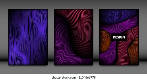 Geometry. Abstract Background Set With Movement and Volume Effect. Covers with Vibrant Gradient and Wavy Lines. Trendy Futuristic Illustration with Distort. Abstract Geometry for Brochure, Business.