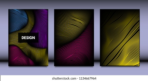 Geometry. Abstract Background Set With Movement and Volume Effect. Covers with Vibrant Gradient and Wavy Lines. Trendy Futuristic Illustration with Distort. Abstract Geometry for Brochure, Business.