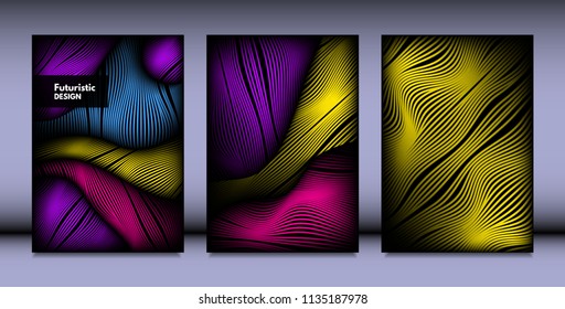 Geometry. Abstract Background Set With Movement and Volume Effect. Covers with Vibrant Gradient and Wavy Lines. Trendy Futuristic Illustration with Distort. Abstract Geometry for Brochure, Business.