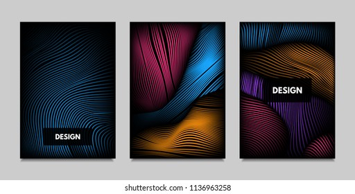 Geometry. Abstract Background Set With Movement and Volume Effect. Covers with Vibrant Gradient and Wavy Lines. Trendy Futuristic Illustration with Distort. Abstract Geometry for Brochure, Business.