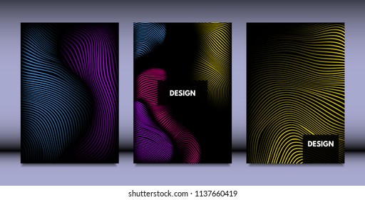 Geometry. Abstract Background Set With Movement and Volume Effect. Covers with Vibrant Gradient and Wavy Lines. Trendy Futuristic Illustration with Distort. Abstract Geometry for Brochure, Business.