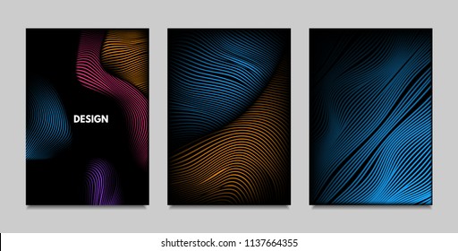 Geometry. Abstract Background Set With Movement and Volume Effect. Covers with Vibrant Gradient and Wavy Lines. Trendy Futuristic Illustration with Distort. Abstract Geometry for Brochure, Business.