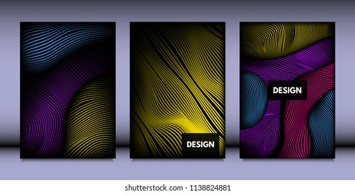 Geometry. Abstract Background Set With Movement and Volume Effect. Covers with Vibrant Gradient and Wavy Lines. Trendy Futuristic Illustration with Distort. Abstract Geometry for Brochure, Business.