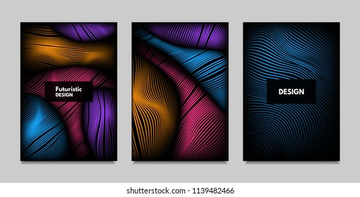 Geometry. Abstract Background Set With Movement and Volume Effect. Covers with Vibrant Gradient and Wavy Lines. Trendy Futuristic Illustration with Distort. Abstract Geometry for Brochure, Business.