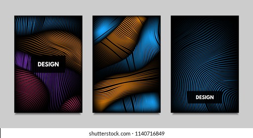 Geometry. Abstract Background Set With Movement and Volume Effect. Covers with Vibrant Gradient and Wavy Lines. Trendy Futuristic Illustration with Distort. Abstract Geometry for Brochure, Business.