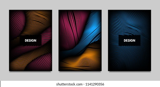 Geometry. Abstract Background Set With Movement and Volume Effect. Covers with Vibrant Gradient and Wavy Lines. Trendy Futuristic Illustration with Distort. Abstract Geometry for Brochure, Business.