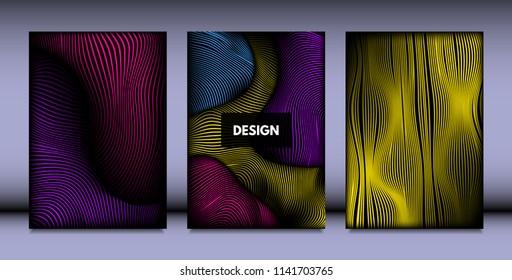 Geometry. Abstract Background Set With Movement and Volume Effect. Covers with Vibrant Gradient and Wavy Lines. Trendy Futuristic Illustration with Distort. Abstract Geometry for Brochure, Business.