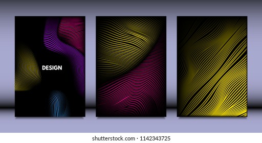 Geometry. Abstract Background Set With Movement and Volume Effect. Covers with Vibrant Gradient and Wavy Lines. Trendy Futuristic Illustration with Distort. Abstract Geometry for Brochure, Business.