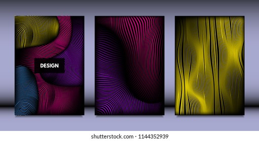 Geometry. Abstract Background Set With Movement and Volume Effect. Covers with Vibrant Gradient and Wavy Lines. Trendy Futuristic Illustration with Distort. Abstract Geometry for Brochure, Business.