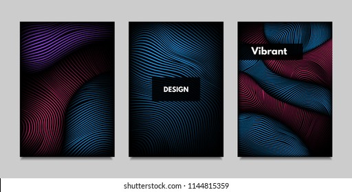 Geometry. Abstract Background Set With Movement and Volume Effect. Covers with Vibrant Gradient and Wavy Lines. Trendy Futuristic Illustration with Distort. Abstract Geometry for Brochure, Business.