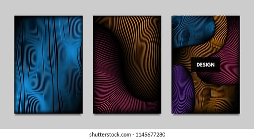 Geometry. Abstract Background Set With Movement and Volume Effect. Covers with Vibrant Gradient and Wavy Lines. Trendy Futuristic Illustration with Distort. Abstract Geometry for Brochure, Business.