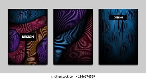 Geometry. Abstract Background Set With Movement and Volume Effect. Covers with Vibrant Gradient and Wavy Lines. Trendy Futuristic Illustration with Distort. Abstract Geometry for Brochure, Business.