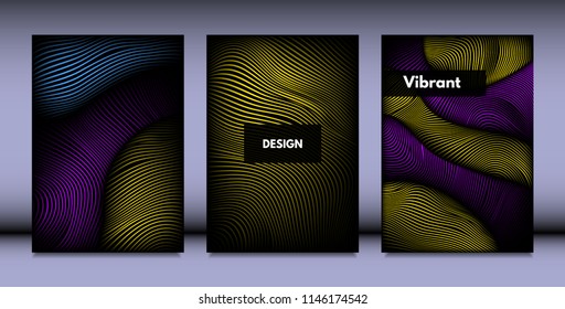 Geometry. Abstract Background Set With Movement and Volume Effect. Covers with Vibrant Gradient and Wavy Lines. Trendy Futuristic Illustration with Distort. Abstract Geometry for Brochure, Business.