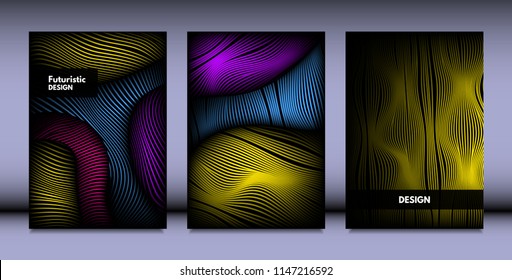 Geometry. Abstract Background Set With Movement and Volume Effect. Covers with Vibrant Gradient and Wavy Lines. Trendy Futuristic Illustration with Distort. Abstract Geometry for Brochure, Business.