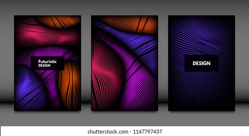 Geometry. Abstract Background Set With Movement and Volume Effect. Covers with Vibrant Gradient and Wavy Lines. Trendy Futuristic Illustration with Distort. Abstract Geometry for Brochure, Business.