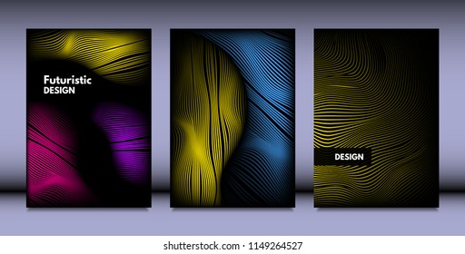 Geometry. Abstract Background Set With Movement and Volume Effect. Covers with Vibrant Gradient and Wavy Lines. Trendy Futuristic Illustration with Distort. Abstract Geometry for Brochure, Business.
