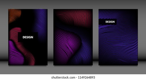 Geometry. Abstract Background Set With Movement and Volume Effect. Covers with Vibrant Gradient and Wavy Lines. Trendy Futuristic Illustration with Distort. Abstract Geometry for Brochure, Business.