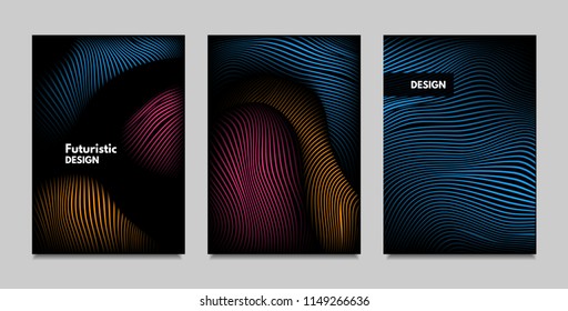 Geometry. Abstract Background Set With Movement and Volume Effect. Covers with Vibrant Gradient and Wavy Lines. Trendy Futuristic Illustration with Distort. Abstract Geometry for Brochure, Business.