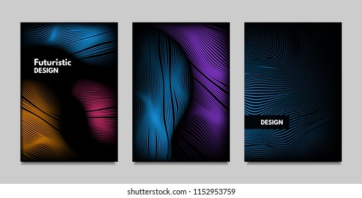 Geometry. Abstract Background Set With Movement and Volume Effect. Covers with Vibrant Gradient and Wavy Lines. Trendy Futuristic Illustration with Distort. Abstract Geometry for Brochure, Business.