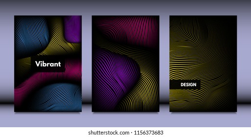 Geometry. Abstract Background Set With Movement and Volume Effect. Covers with Vibrant Gradient and Wavy Lines. Trendy Futuristic Illustration with Distort. Abstract Geometry for Brochure, Business.