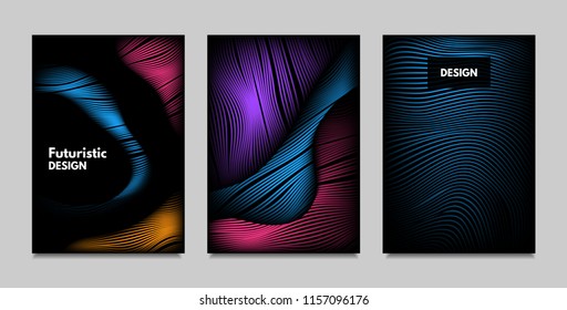 Geometry. Abstract Background Set With Movement and Volume Effect. Covers with Vibrant Gradient and Wavy Lines. Trendy Futuristic Illustration with Distort. Abstract Geometry for Brochure, Business.