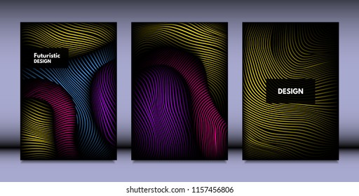 Geometry. Abstract Background Set With Movement and Volume Effect. Covers with Vibrant Gradient and Wavy Lines. Trendy Futuristic Illustration with Distort. Abstract Geometry for Brochure, Business.