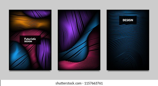 Geometry. Abstract Background Set With Movement and Volume Effect. Covers with Vibrant Gradient and Wavy Lines. Trendy Futuristic Illustration with Distort. Abstract Geometry for Brochure, Business.