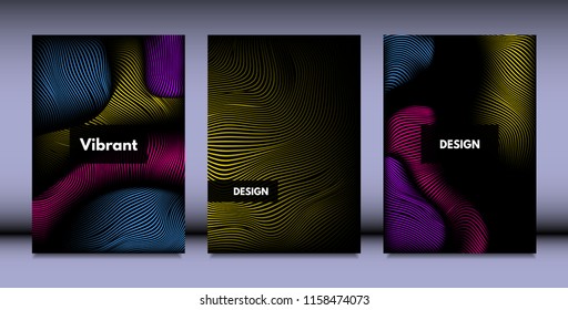 Geometry. Abstract Background Set With Movement and Volume Effect. Covers with Vibrant Gradient and Wavy Lines. Trendy Futuristic Illustration with Distort. Abstract Geometry for Brochure, Business.