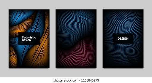 Geometry. Abstract Background Set With Movement and Volume Effect. Covers with Vibrant Gradient and Wavy Lines. Trendy Futuristic Illustration with Distort. Abstract Geometry for Brochure, Business.