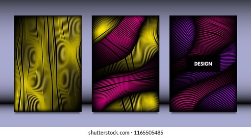 Geometry. Abstract Background Set With Movement and Volume Effect. Covers with Vibrant Gradient and Wavy Lines. Trendy Futuristic Illustration with Distort. Abstract Geometry for Brochure, Business.