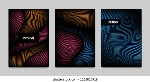 Geometry. Abstract Background Set With Movement and Volume Effect. Covers with Vibrant Gradient and Wavy Lines. Trendy Futuristic Illustration with Distort. Abstract Geometry for Brochure, Business.