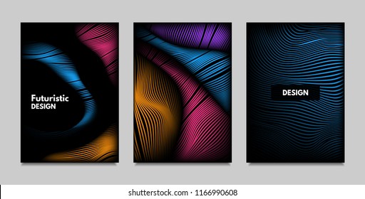 Geometry. Abstract Background Set With Movement and Volume Effect. Covers with Vibrant Gradient and Wavy Lines. Trendy Futuristic Illustration with Distort. Abstract Geometry for Brochure, Business.