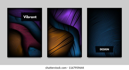 Geometry. Abstract Background Set With Movement and Volume Effect. Covers with Vibrant Gradient and Wavy Lines. Trendy Futuristic Illustration with Distort. Abstract Geometry for Brochure, Business.