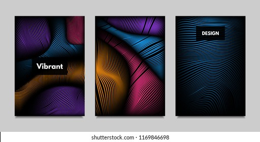 Geometry. Abstract Background Set With Movement and Volume Effect. Covers with Vibrant Gradient and Wavy Lines. Trendy Futuristic Illustration with Distort. Abstract Geometry for Brochure, Business.