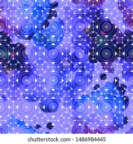 Geometry abstract seamless pattern. Sacred geometry style. Watercolor space background.