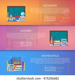 Geometry, algebra and math vector banners. Science education concept poster in flat style design.