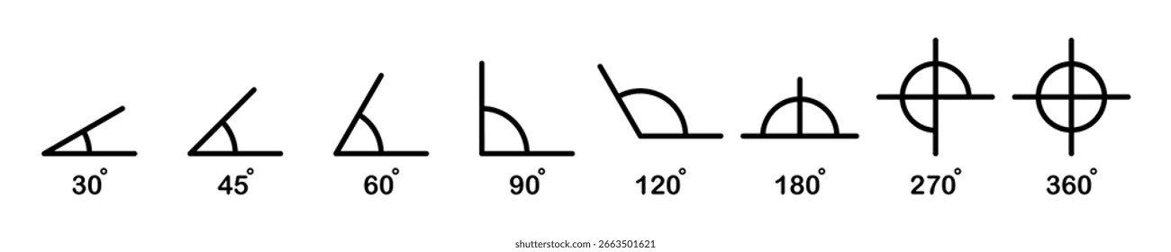 Conjunto de iconos de ángulo de geometría - Vector de Ilustraciones de 30 ° a 360 °