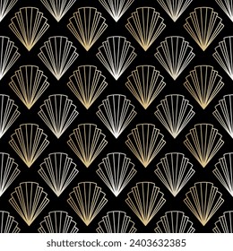 Geometry artdeco style symbol seamless pattern.  Outline symbols on the dark background. Linear gold colored elements. EPS 10 line art design vector wallpaper.