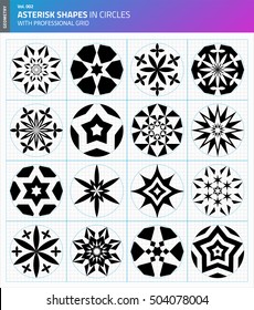 Geometria. Aterriscos. Estrela formas poligonais em círculo com grade profissional. Figuras gráficas para design. Conjunto de formas fractais com efeitos diferentes. Objetos de arte geométrica elementar mínima.