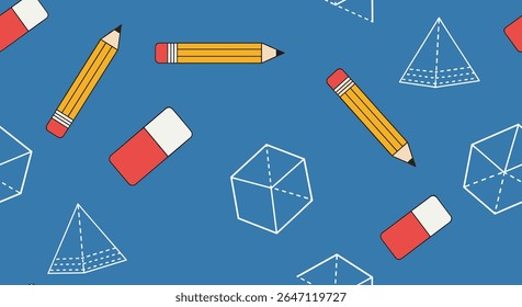 Geometry Back to School Supplies Pattern Design on Blue Background for School Children