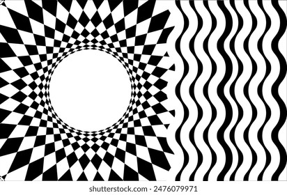 Geometry black and white art collage shapes, striped waves, polygon retro pattern, for geometric poster layout, corporate card, ad vintage presentation, design clip art, abstract retro background