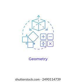 Geometry blue gradient concept icon. School subject. Mathematical operations. Geometric shapes. Education. Round shape line illustration. Abstract idea. Graphic design. Easy to use in article