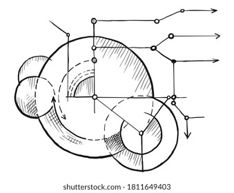 Geometry blueprint sketch. Vector engineering technological blueprint background illustration. Hand-drawn geometry sketch draft scheme line circle symbol with angle, length, diameter size on white