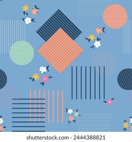 Geometry and botany seamless repeat pattern on blue background. Random placed, vector stripes, dots, rectangles and flowers with leaves aop, all over print.