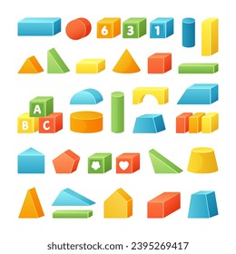 geometry bricks kids. blocks shapes, recreation activity cartoon childish 3d constructor toys, simple geometrics forms baby development activity concept collections. vector cartoon set.