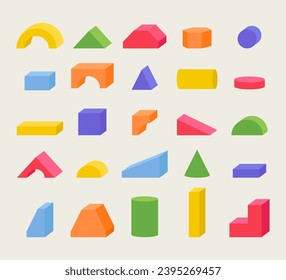 geometry bricks kids. simple geometrics forms bocks shapes symbols details, cartoon 3d childish constructor toys, baby development activity concept collections. vector cartoon flat items set.